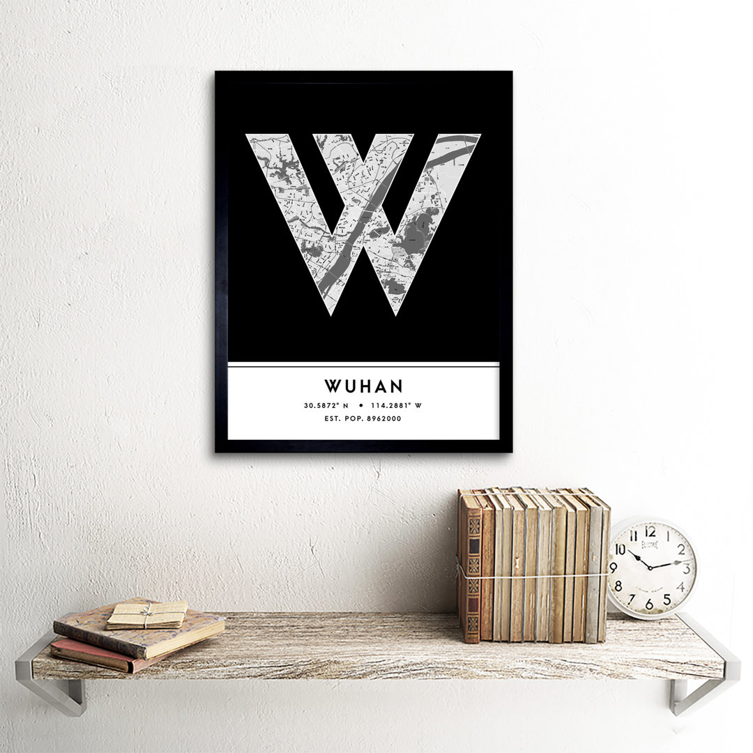 Wuhan City Map Wuhan Black & White by Wee Blue Coo - Single Picture Frame Typography