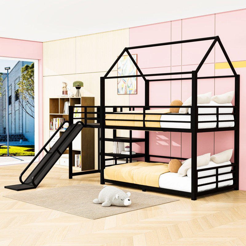 House-Shaped Multi-Functional Metal Bunk Bed with Built-in Stair Storage and Slide, Twin Over Twin