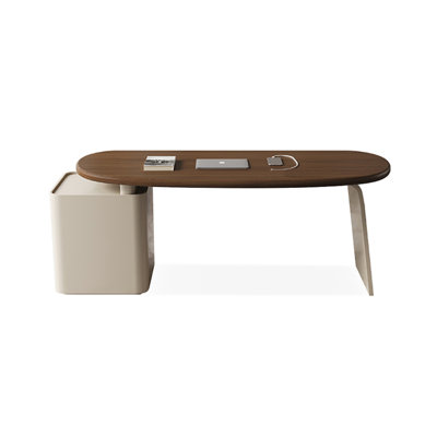 Bureau courbé en bois manufacturé brun noisette + blanc beige avec 1 tiroir