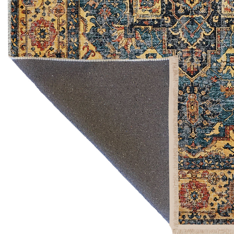 Tapis bleu / jaune à motifs traditionnels, Tapis de couloir 3 pi 9,81 po x 9 pi 10,11 po