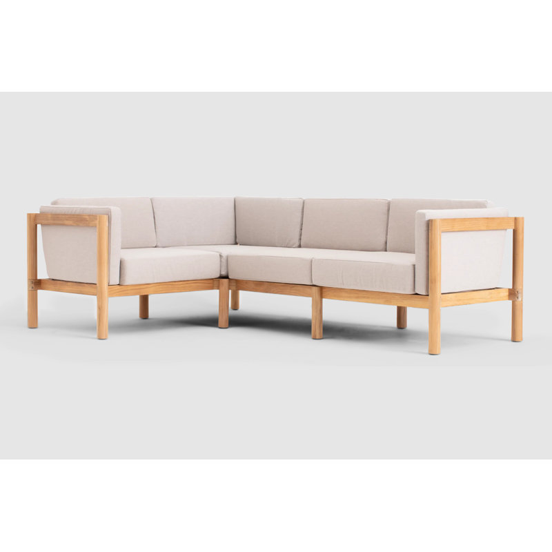 Haven Teak Outdoor Sectional With Sunbrella Cushions In Graystone, Sunbrella Ashe, 4