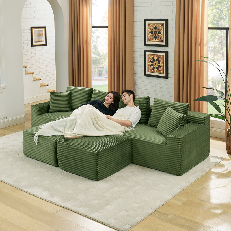 Boneless 115" Wide Modular Corduroy Sectional No Assembly, Green