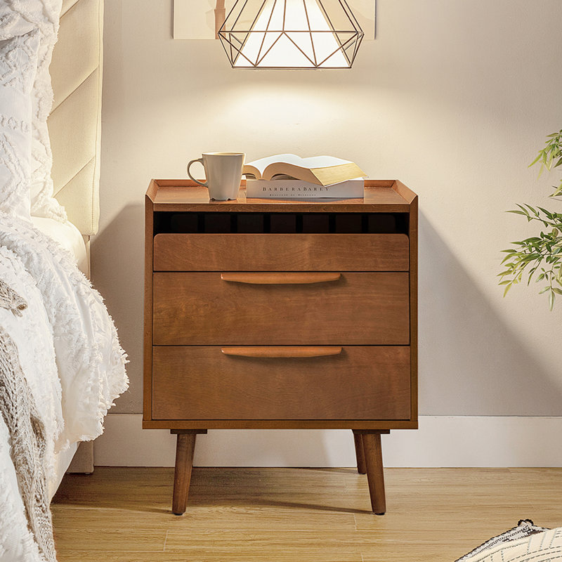 Florrie Mid-Century Modern 3 - Drawer Bedside Table with Charging Station, Acorn
