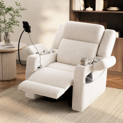 Fauteuil inclinable électrique avec chaleur et massage, fauteuil inclinable à bascule pivotant à 270 ° avec support pour téléphone et ports USB, fauteuil oscillant électrique avec rangement caché, poches latérales, porte-gobelet, beige