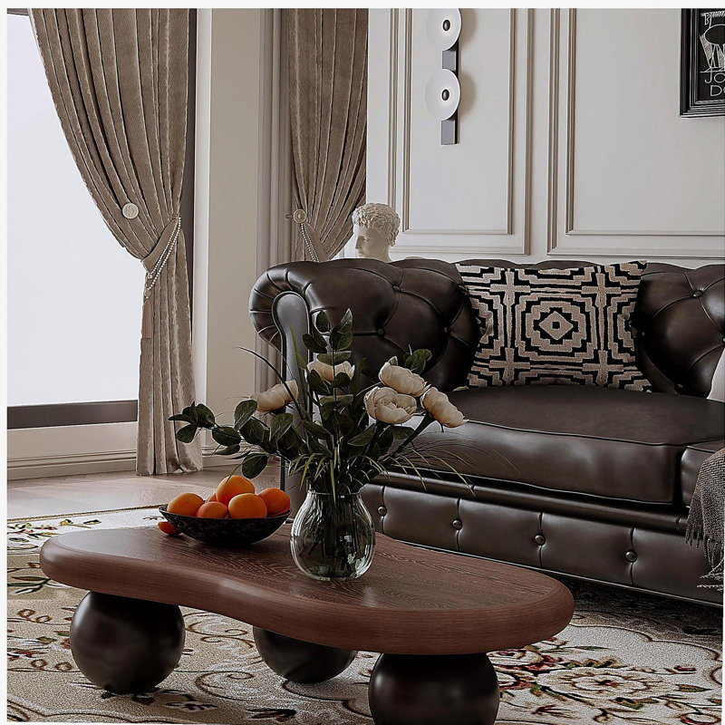 Table basse de 40 pouces en forme de nuage avec 3 pieds sphériques pour le salon, pieds noyer noirs, Noir / noyer foncé
