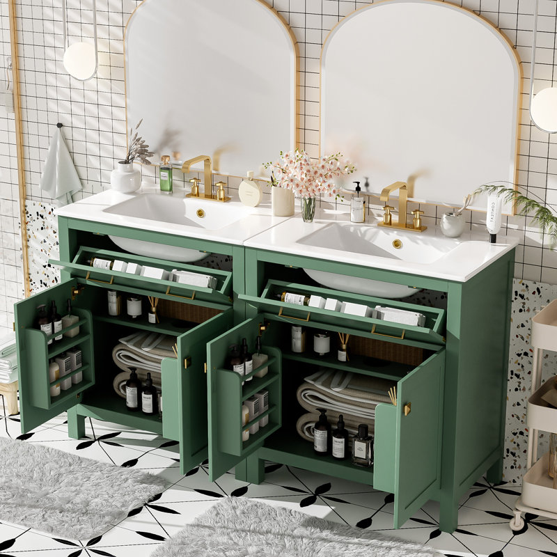 Ensemble de meuble-lavabo 60 po avec lavabos doubles (séparés), lavabos doubles en céramique (aucun miroir inclus)
