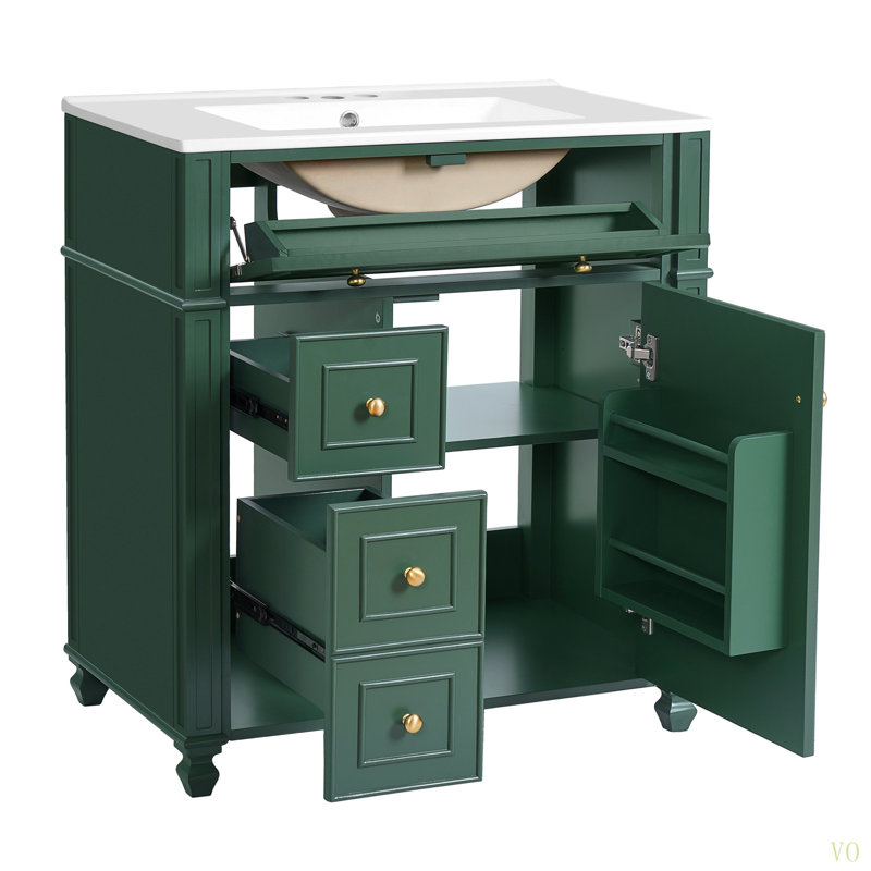 Meuble-lavabo de salle de bain avec lavabo en céramique, 30 po, armoire de rangement avec portes à fermeture en douceur et organisateur de porte