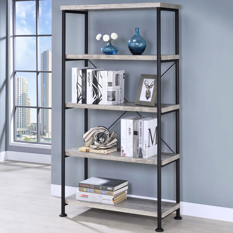Bibliothèque grise en bois flotté à 4 tablettes, ajoutant une touche rustique à la maison et au bureau, idéale pour exposer des livres