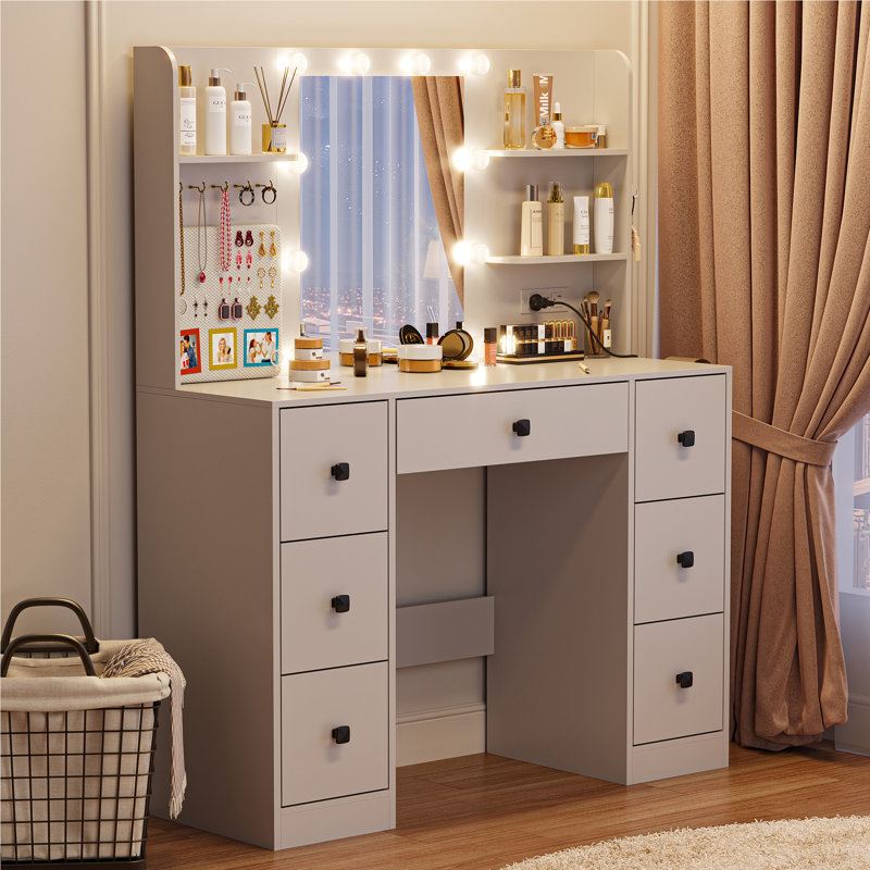 Makeup Vanity Desk With 10 Light 3 Lighting Modes Brightness And Mirror And Power Outlet