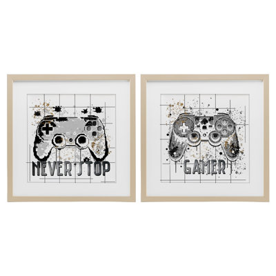 «Gamer Words with Modern Pixels», ensemble de 2 reproductions encadrées sous verre, par Kim Allen