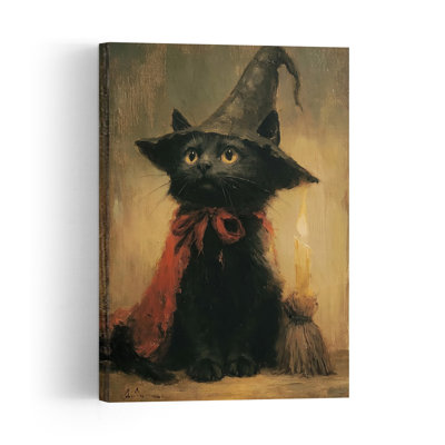 Affiche murale contemporaine fantaisiste représentant un chat sorcière d'Halloween, style automnal