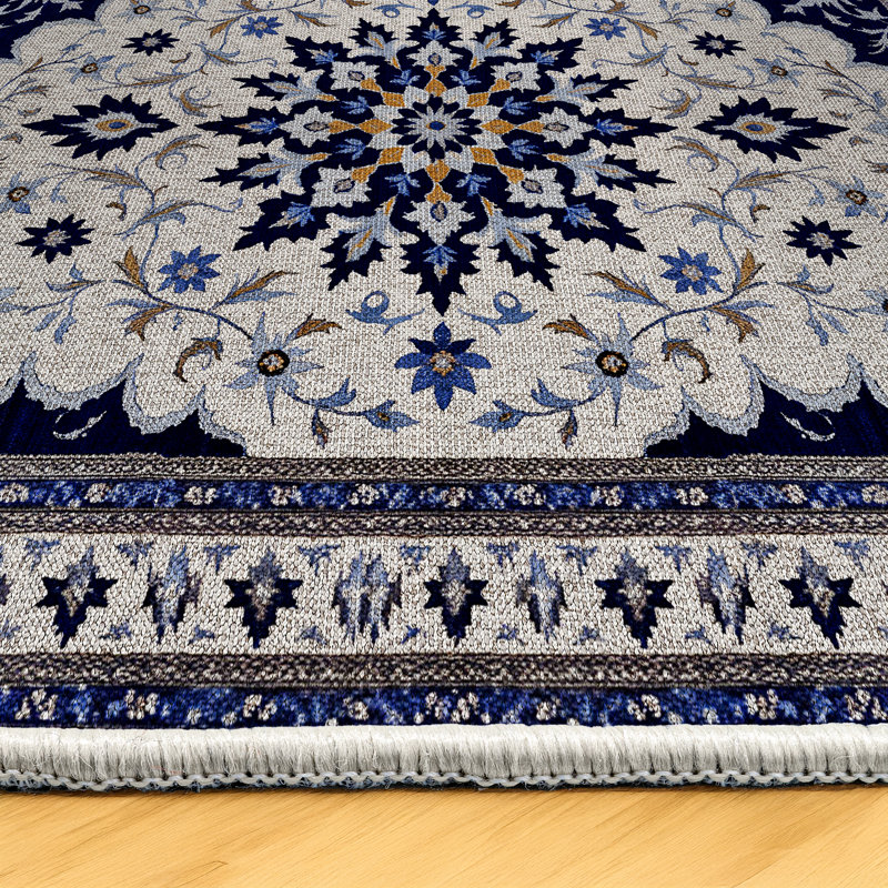 Quarza Collection Digital Print Cotton-Polyester Gray Navy Moroccan Rug, Runner 6'7" x 16'5"