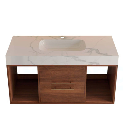 39.4 '' Floating Bathroom Vanity with Ceramic sink,Wall Mounted Vanity 2 Soft Close Drawer and white slate top