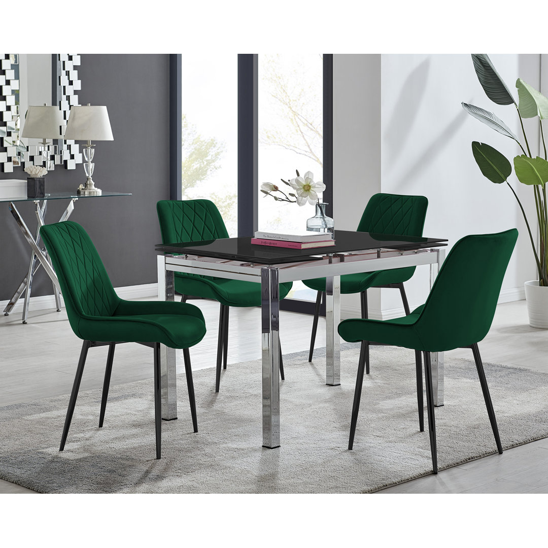 Tierra Modern Glass & Metal Extendable Dining Table Set & 6 Luxury Upholstered Velvet Dining Chairs East Urban Home Chair 