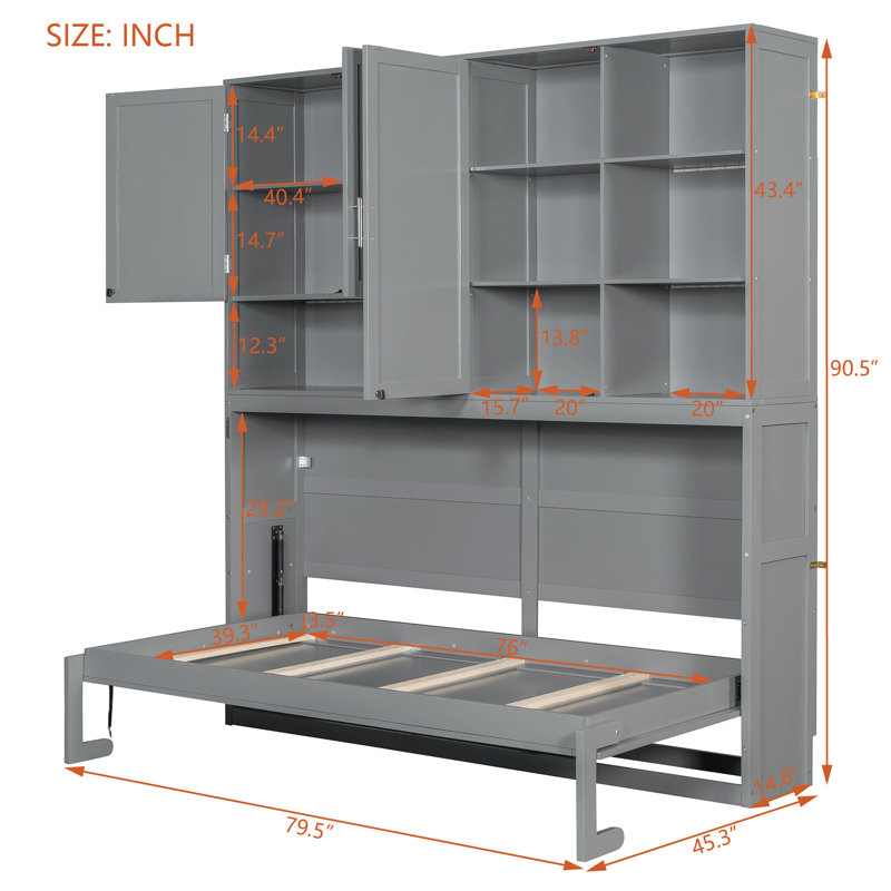 Lit escamotable simple simple avec armoire supérieure et tablettes, lit pliable peu encombrant avec lumière et USB, gris