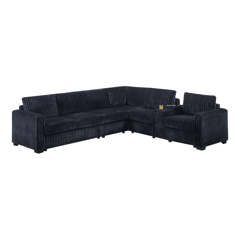 Fairford 4-piece Black Jumbo Corduroy Sectional With Usb Console, Black Corduroy