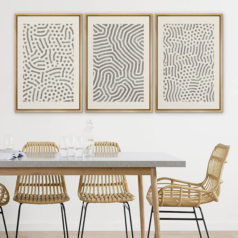 «Motif de vagues géométriques grises, formes abstraites et neutres, art moderne et contemporain», 3 pièces, Naturel
