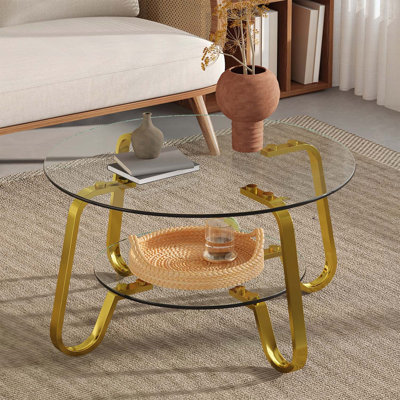 Table basse rétro en verre trempé à structure métallique minimaliste, élégante et polyvalente pour les salons modernes