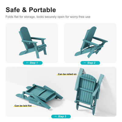 HDPE Folding Adirondack Chair with 3-Position Adjustable Back and Cup Holder, All-Weather Heavy Duty Outdoor Furniture Set for Backyard and Pool