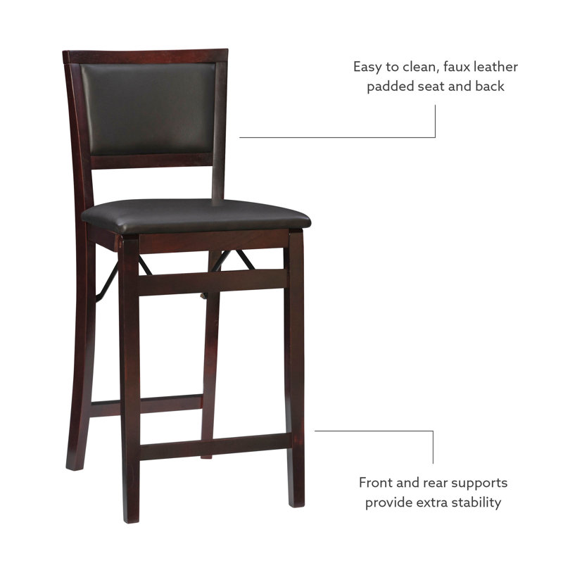 Phaedra Foldable Counter / Bar Stool with Upholstered Seat & Back, Espresso  Faux Leather, Counter Stool (24" Seat Height)
