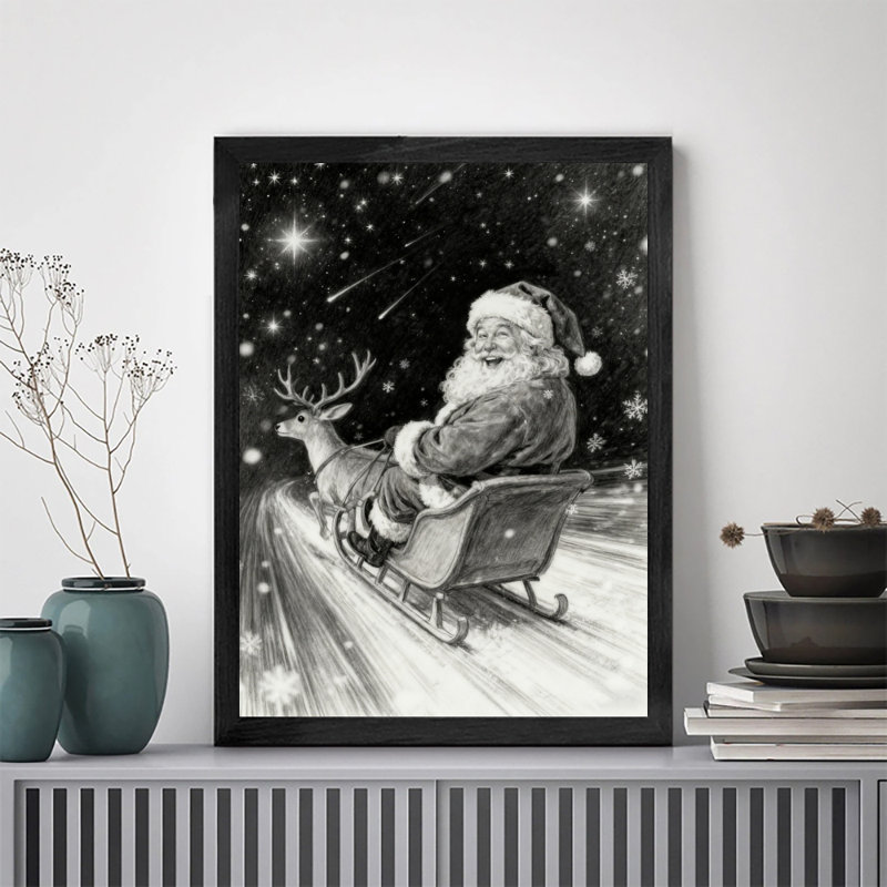 «Black Merry Santa Claus in Winter», encadré noir, impressions de style rétro, H 11 po x l 9 po