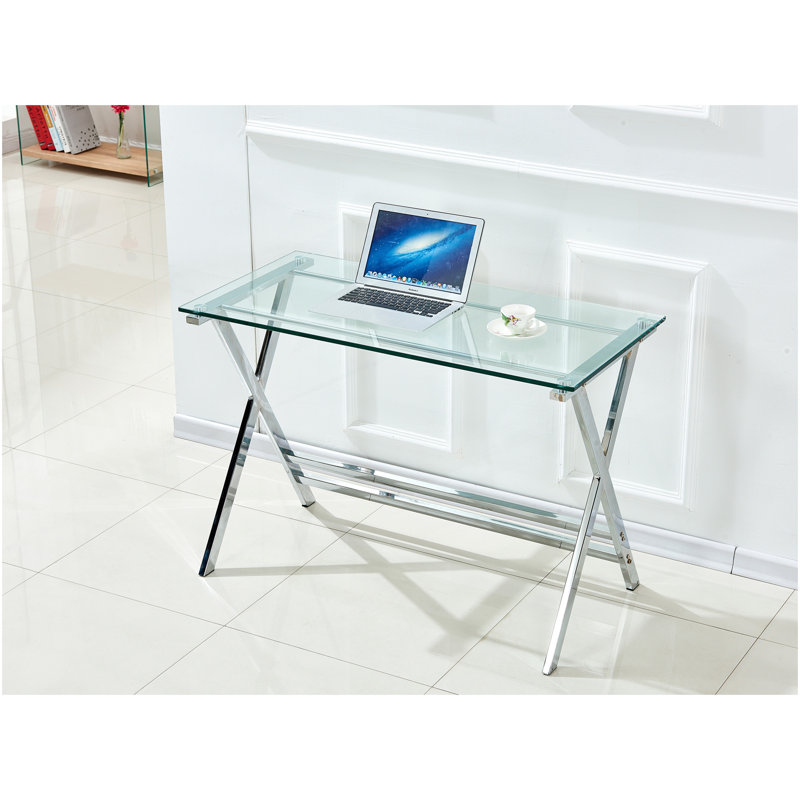 Bureau d'ordinateur en verre, table d'ordinateur portable en verre trempé transparent avec bureaux à bords arrondis, table de canapé