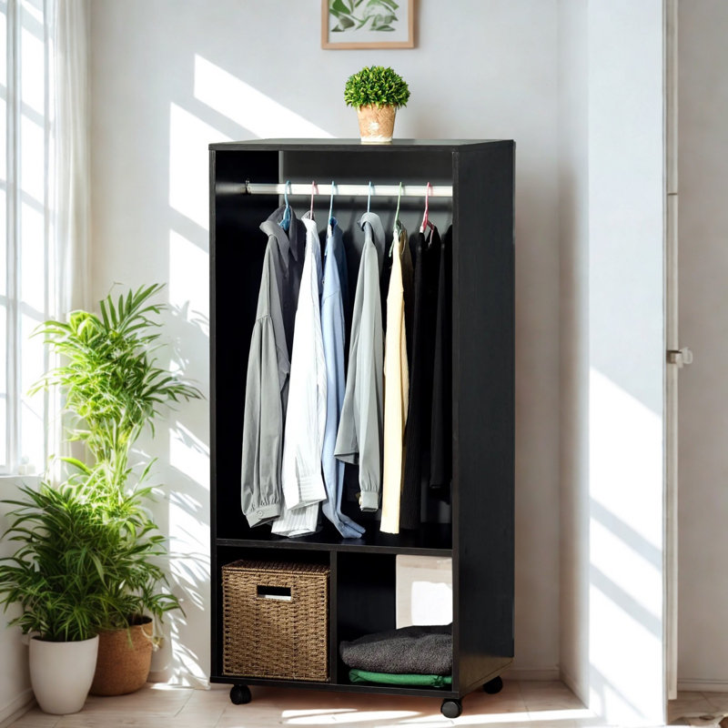 Open Wardrobe Clothes Rail With Storage Shelves on Wheels, Black