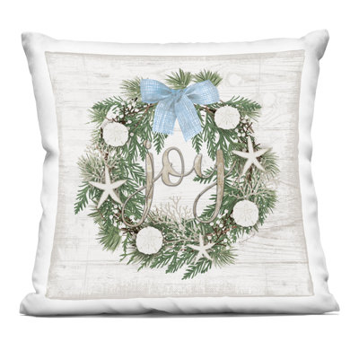 Coastal Christmas Joy Wreath Decorative Printed Throw Pillow, design by Jennifer Pugh