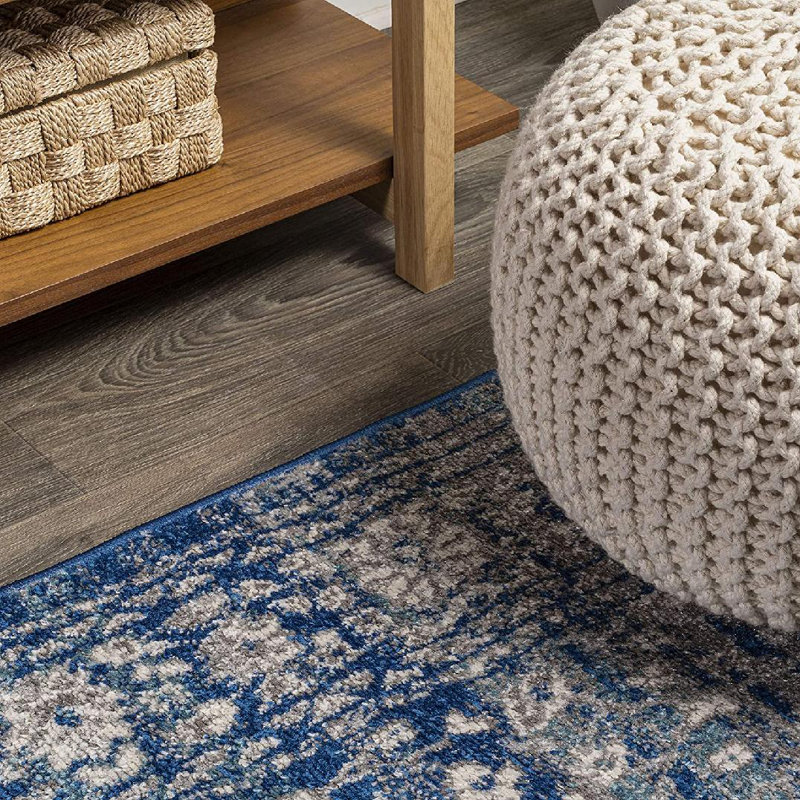 Marzo Ornate Bohemian Medallion Blue/Dark Gray Rug, Rectangle 5' x 8'