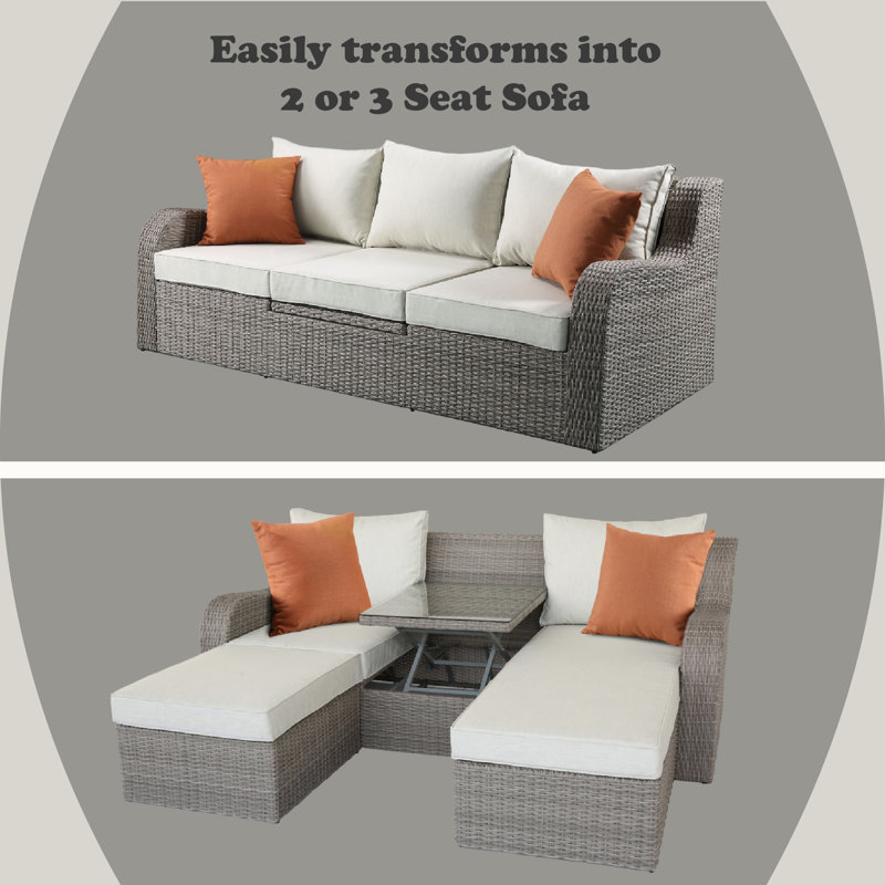 Bitanya 82''L Outdoor Patio Sectional Sofa with 2 Pillows and 2 Ottomans in Beige and Gray