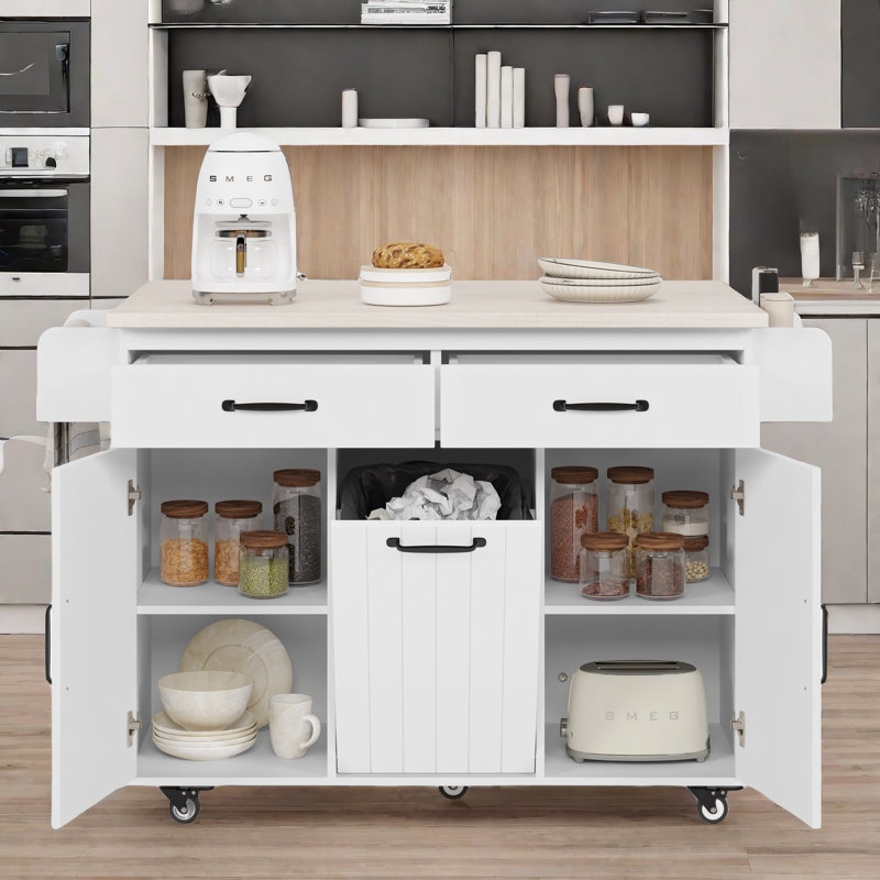 Chariot de cuisine roulant Alaijah avec plateau en bois manufacturé, Blanc, Blanc