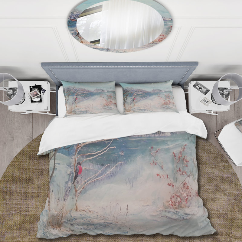 Ensemble de housse de couette Winter Trees River and Birds - Lake House - Microfibre de polyester