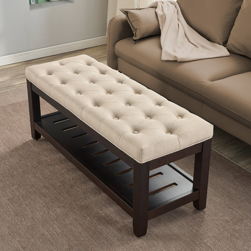 44" Wide Tufted Rectangle Cocktail Ottoman With Storage Tray, Light Brown Linen