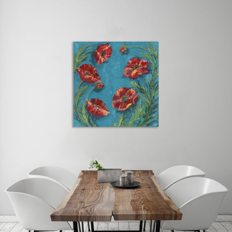 «Red Poppy Toss On Teal», reproduction sur toile tendue, H 36 po x l 36 po x P 1,5 po