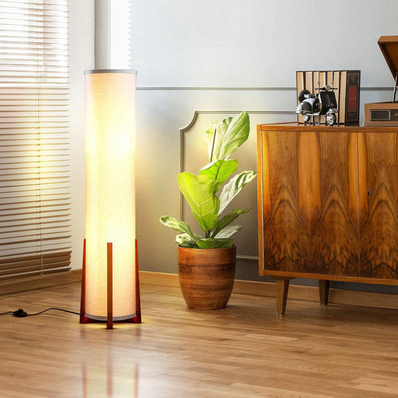 48" Tall Led Floor Lamp With Wood Frame, Fabric Floor Lamp Modern Design For Bedroom, Decorative Tower Shade Lamp For Living Rooms & Offices
