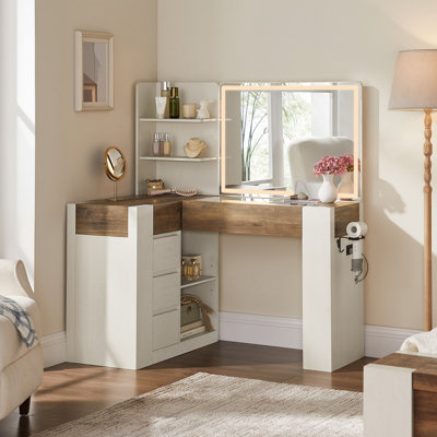 Coiffeuse en forme de L de 122 cm avec miroir lumineux, station de recharge et plateau en verre pour chambre à coucher
