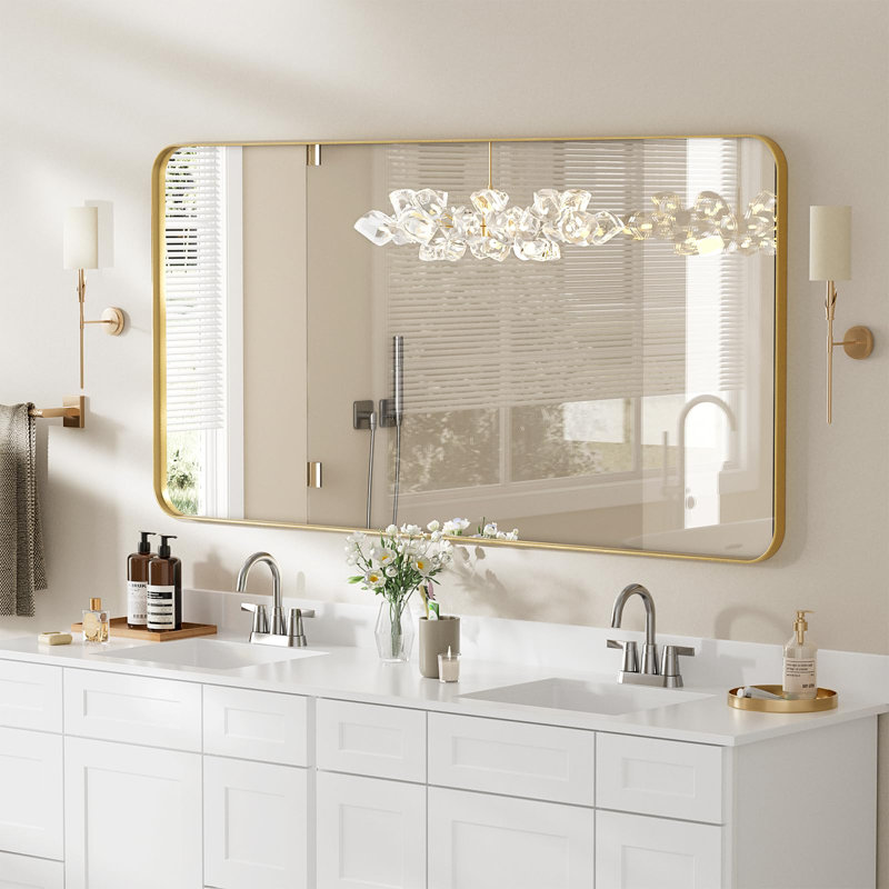 Cozy Design Tempered Glass Framed Wall-Mounted Bathroom Vanity Mirror, Gold, Rectangle, 36" x 55"