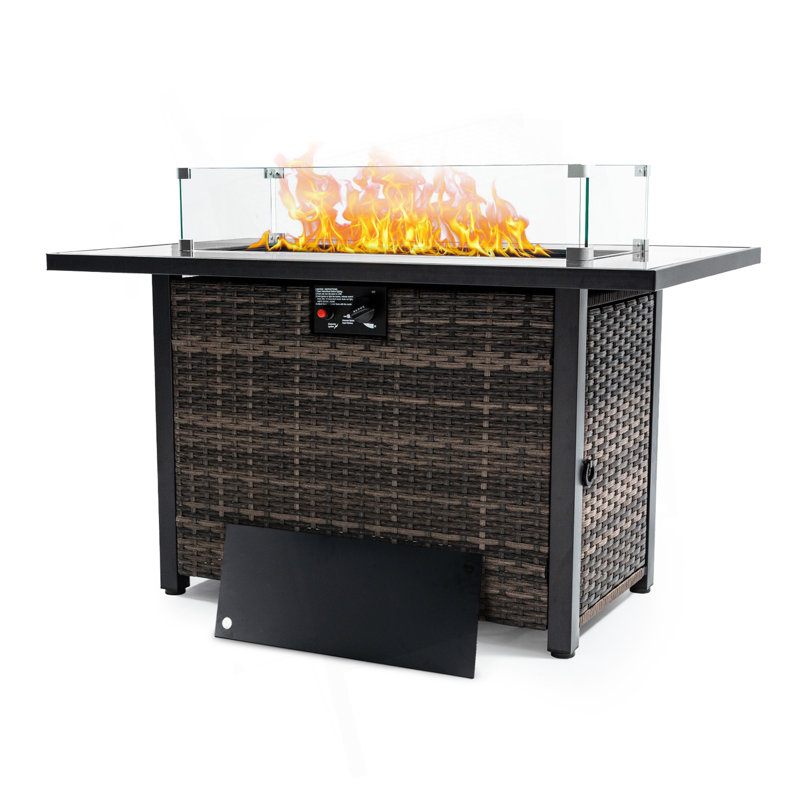 Outdoor Fire Pit 50,000 BTU Propane Gas Fire Table With Lid Fireplace With Glass Wind Guard Wicker Base For Garden, Patio, Backyard, 44"