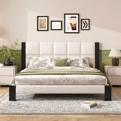Boucle Cal King Bed Frame With Cube Headboard ,Beige + Black