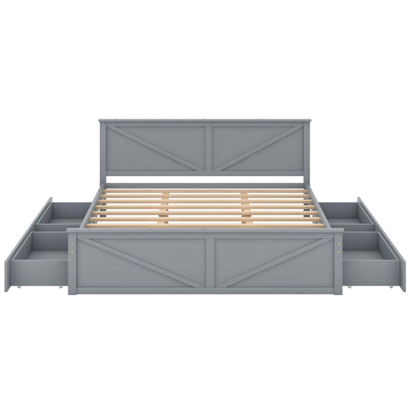 Lit plateforme très grand en bois avec quatre tiroirs de rangement et pieds de support, gris