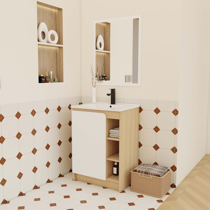 24-Inch Freestanding Bathroom Vanity With Thin-Rim Ceramic Sink, Open Shelving, Dual-Colour Panels, And Moisture-Resistant Plywood Construction.