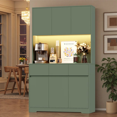 Green & Blue Freestanding Pantry Cabinet With Charging Station - Adjustable Shelves, LED Light, 3 Drawers Storage Organizer For Kitchen by Wrought Studio