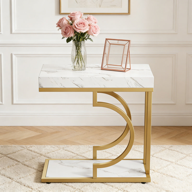 Table de bout moderne étroite C, Blanc et or