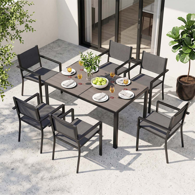 6 - Person Patio Dining Set with Rectangular Table, Dark Grey/Black, Grey