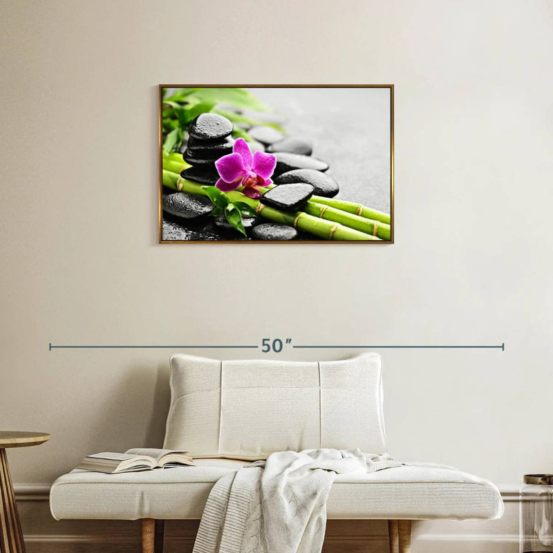Pierres de basalte et orchidée, Cadre flottant doré, 31 po x 21 po