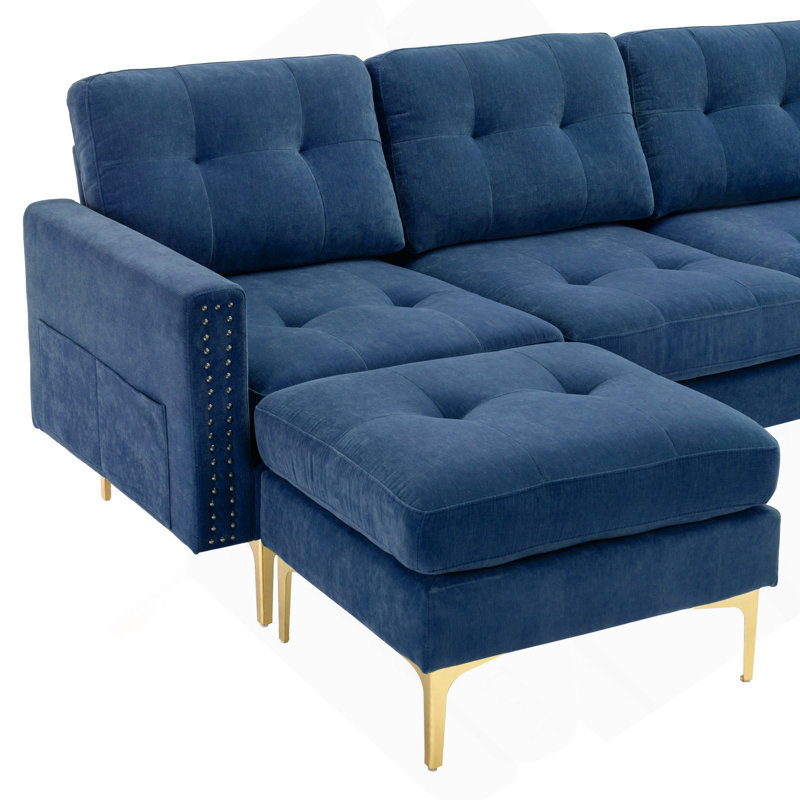 Canapé modulaire convertible en L 110 po, Velours bleu, Doré