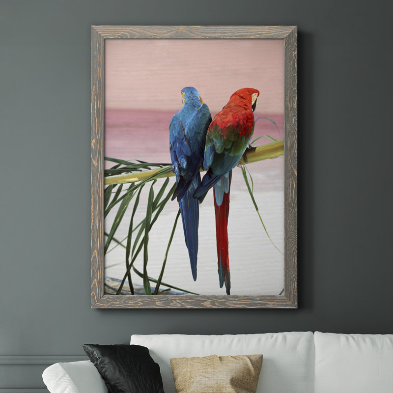 Palm Parrots - Peinture sur toile encadrée, Encadré gris, H 44 po x l 31 po x P 1 po
