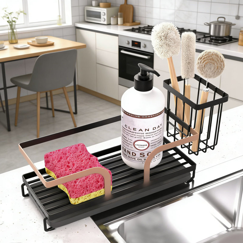 Organisateur de chariot d'évier avec plateau de séchage de pierre, support d'éponge pour évier de cuisine, savon et fournitures de nettoyage, solution de rangement de comptoir compacte