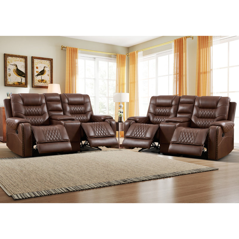 Causeuse inclinable manuelle en similicuir de 75,6 po de largeur avec console centrale et porte-gobelets (ensemble de 2)