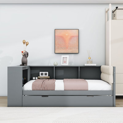 Wood Daybed with Trundle, Charging Station and Storage Shelves